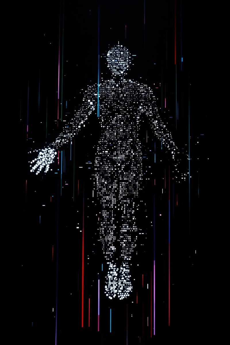 Nome do produto: Boné QualityUma figura humana futurista pixelizada, inspirada em Michelangelo, com estilo pixel art, estética de glitch eletrônico, textura cibernética, pontos brancos brilhantes formando as mãos, pontilhismo digital, fundo preto escuro com textura s