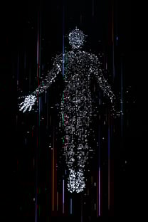 Nome do produtoBoné QualityUma figura humana futurista pixelizada, inspirada em Michelangelo, com estilo pixel art, estética de glitch eletrônico, textura cibernética, pontos brancos brilhantes formando as mãos, pontilhismo digital, fundo preto escuro com textura s