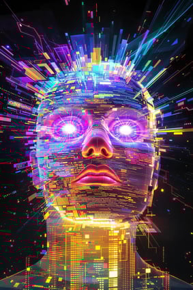 Boné Americano Com TelaAvatar etéreo em estilo glitchcore, luzes de néon fantasmagóricas, rosto digital transparente, estática colorida e fragmentada, energia espectral futurista, névoa holográfica vibrante