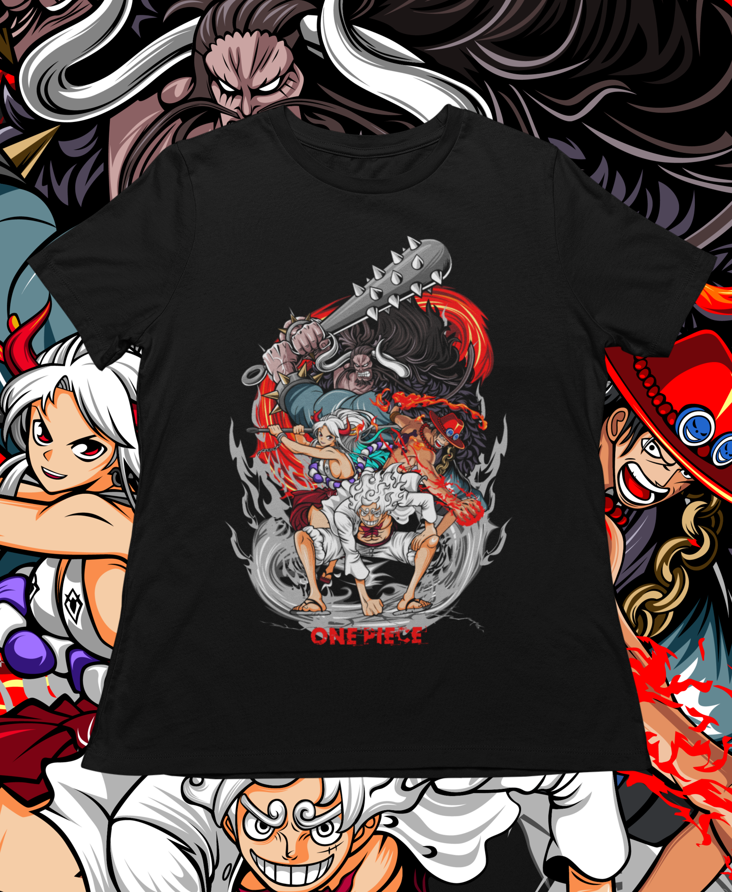 Camiseta ONE PIECE - Luffy Gear 5, Ace, Yamato e Kaido