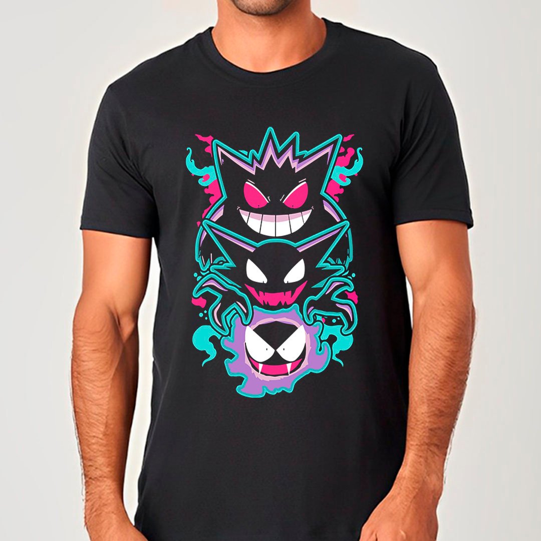 Gastly, Haunter e Gengar - Pokemon | Camiseta Unissex Nome do produto: Gastly, Haunter e Gengar - Pokemon | Camiseta Unissex
