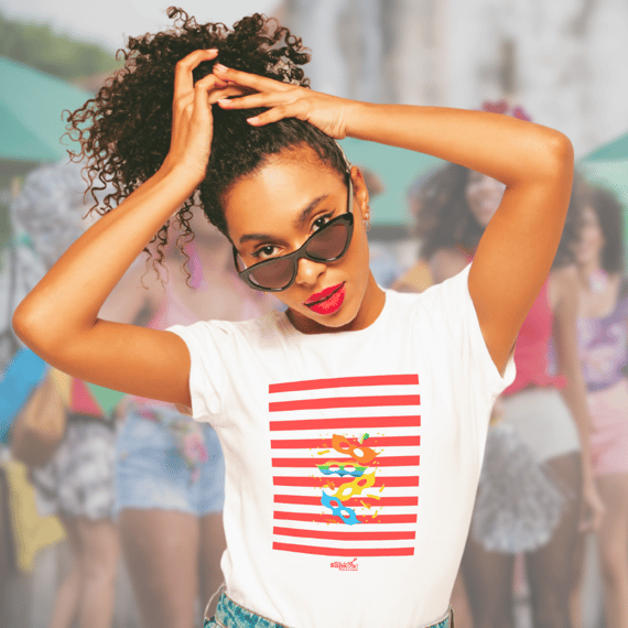 Camiseta Baby Long Clássica Feminina - Carnaval Branca e Vermelho