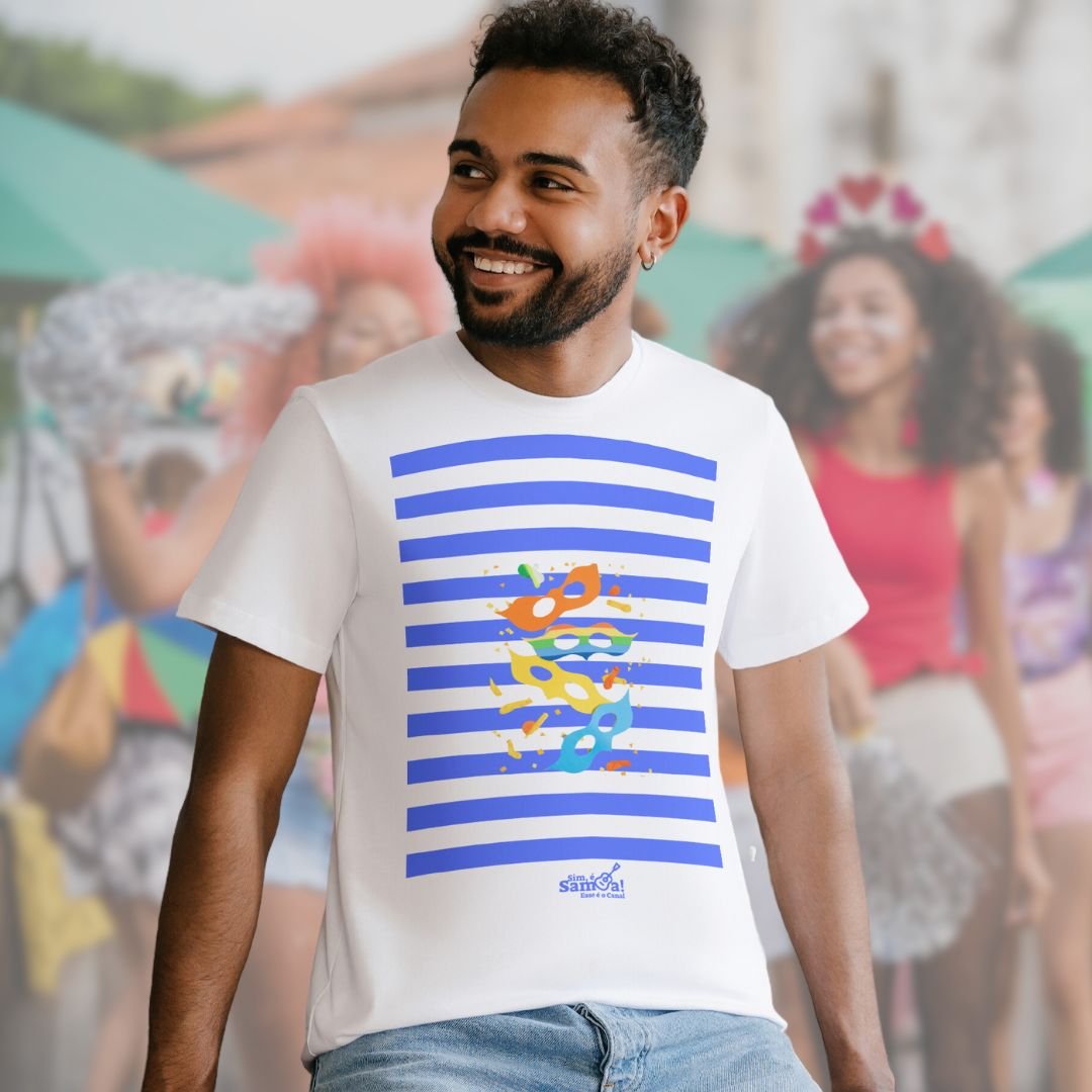 Nome do produto: Camiseta Clássica Masculina - Carnaval Azul e Branco