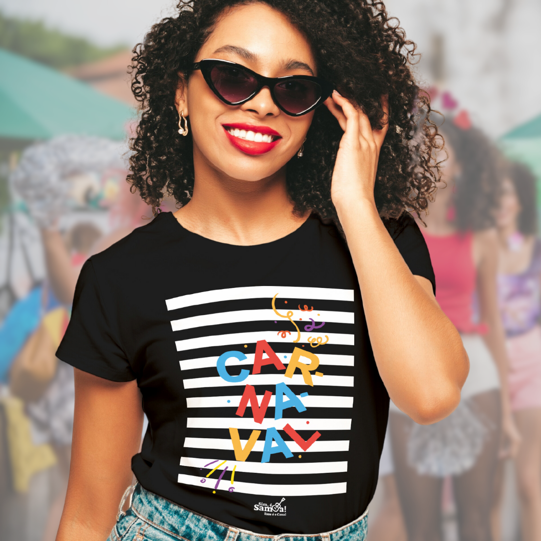 Nome do produto: Camiseta Baby Long Feminina - Carnaval Preto e Branca