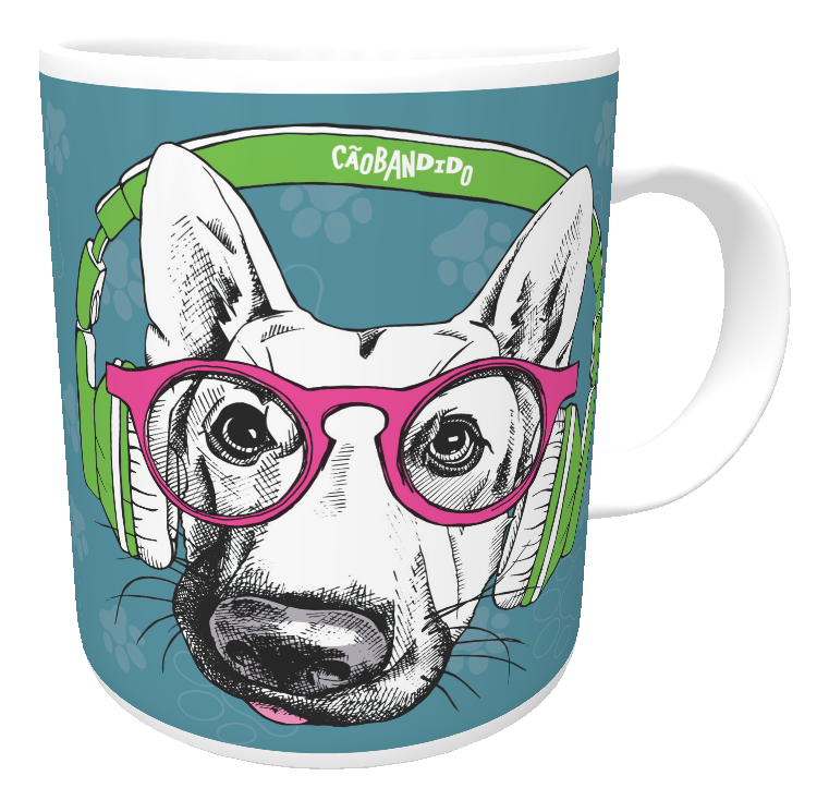 Nome do produto: Caneca Pastor Alemão de Óculos e Fone de Ouvido