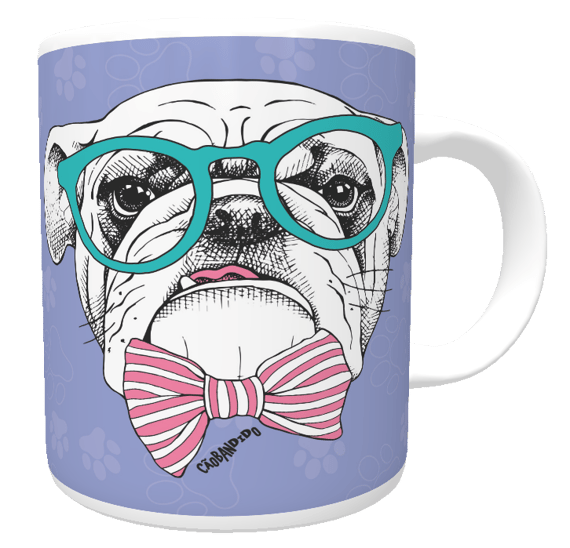 Caneca Bulldog Inglês de Óculos e Gravatinha