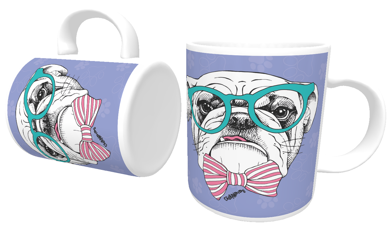 Caneca Bulldog Inglês de Óculos e Gravatinha