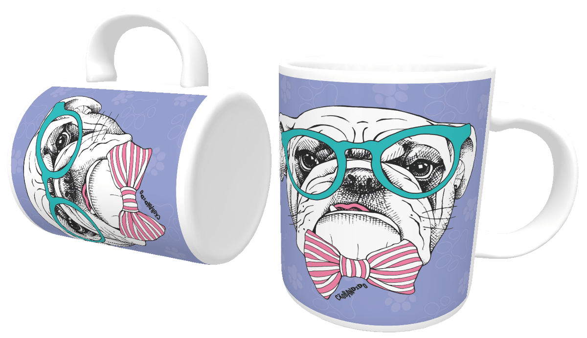 Nome do produto: Caneca Bulldog Inglês de Óculos e Gravatinha