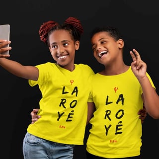 Nome do produto Camiseta Exu Saudação Laroyê Infantil 100% Algodão Fio 30.1, 165g com costura reforçada e gola ribana de alta qualidade