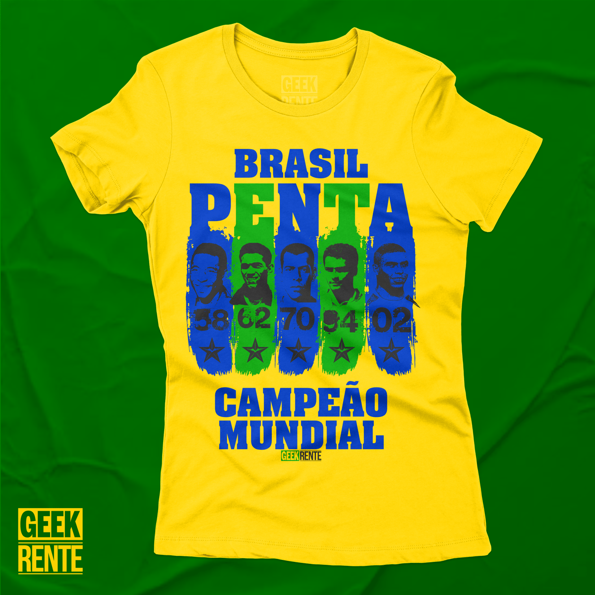 Nome do produto: CAMISETA FEMININA AMARELA - PENTA CAMPEÃO 58-62-70-94-02