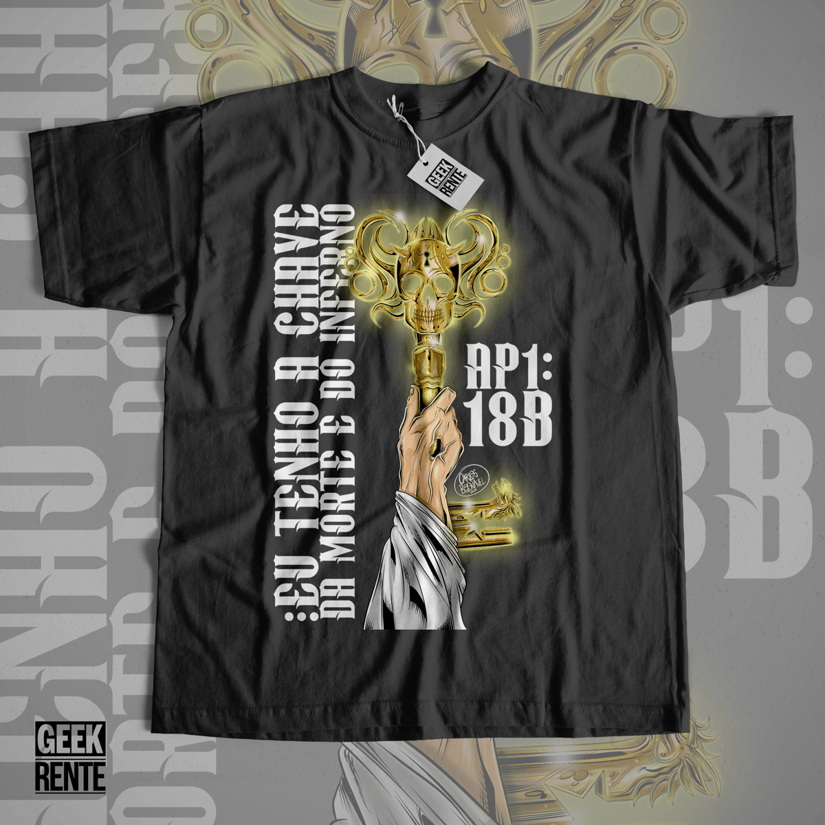 Nome do produto: Camiseta Masculina - Apocalipse 1:18B - Eu tenho a chave da morte e do inferno