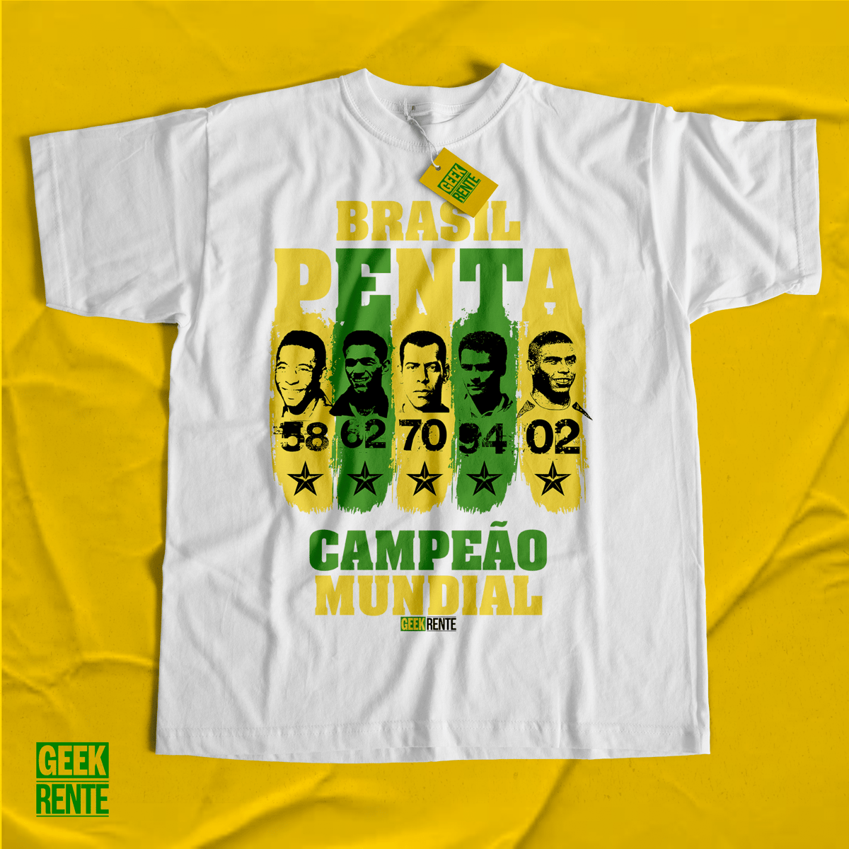 Nome do produto: CAMISETA BRANCA - PENTA CAMPEÃO 58-62-70-94-02