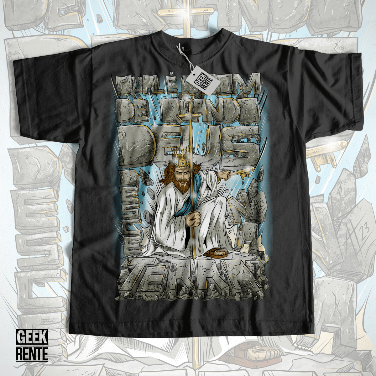 Nome do produto: Camiseta Masculina Qual é o som de quando Deus desce na terra?