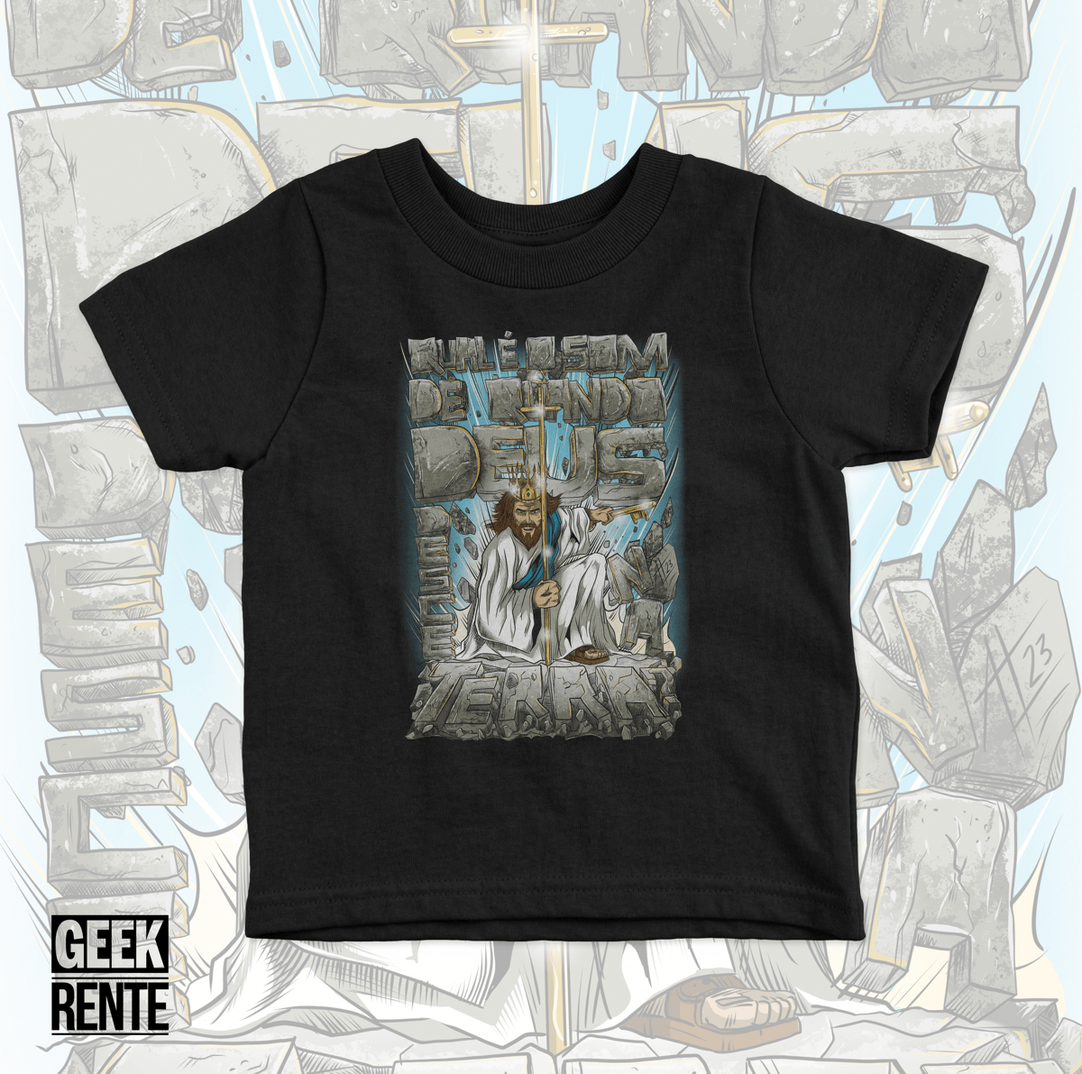 Nome do produto: Camiseta Infantil Qual é o som de quando Deus desce na terra?