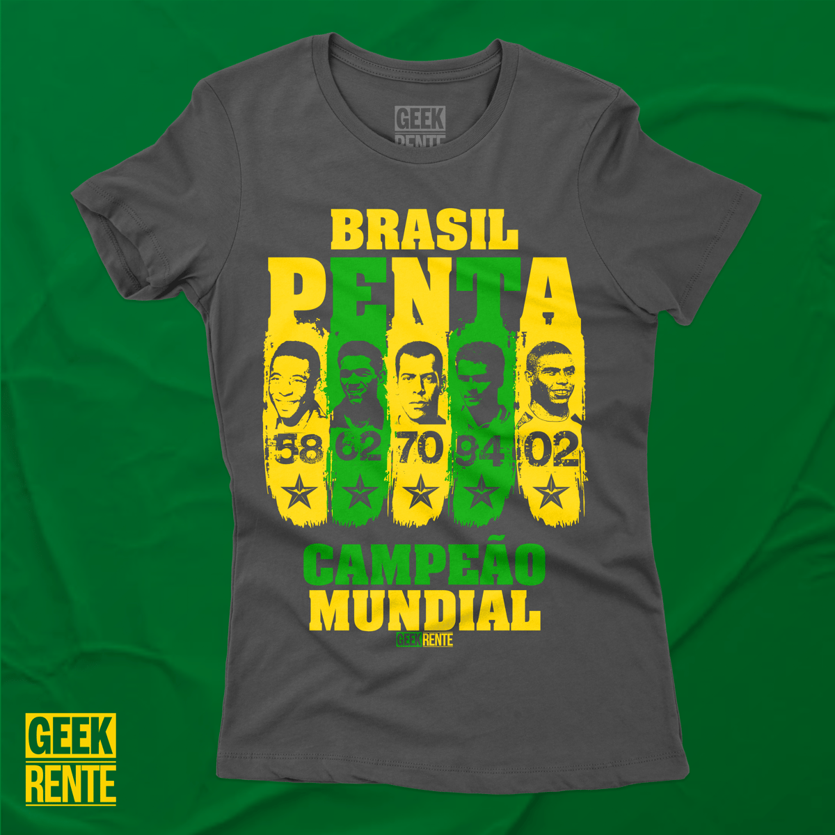 Nome do produto: CAMISETA FEMININA PRETA - PENTA CAMPEÃO 58-62-70-94-02