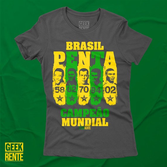 CAMISETA FEMININA PRETA - PENTA CAMPEÃO 58-62-70-94-02