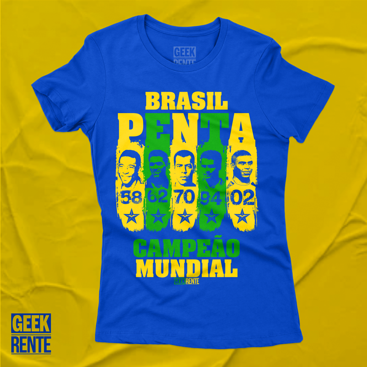 Nome do produto: CAMISETA FEMININA AZUL - PENTA CAMPEÃO 58-62-70-94-02