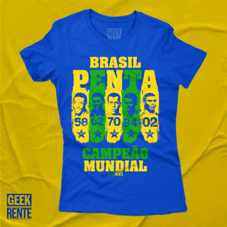 CAMISETA FEMININA AZUL - PENTA CAMPEÃO 58-62-70-94-02