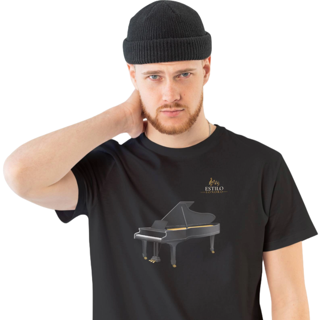 Nome do produto: Camiseta Premium Masculina Algodão Pima Estampada Musical Piano - Estilo Sonoro