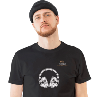 Camiseta Premium Masculina Algodão Pima Estampada Musical Fone de Ouvido - Estilo Sonoro