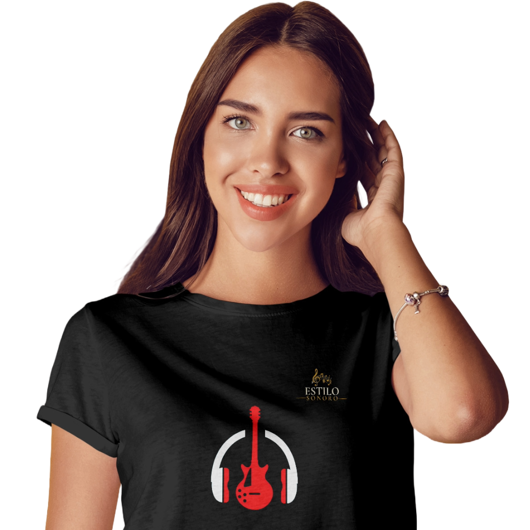 Nome do produto: Camiseta Premium Feminina Algodão Pima Estampada Musical Guitarra - Estilo Sonoro