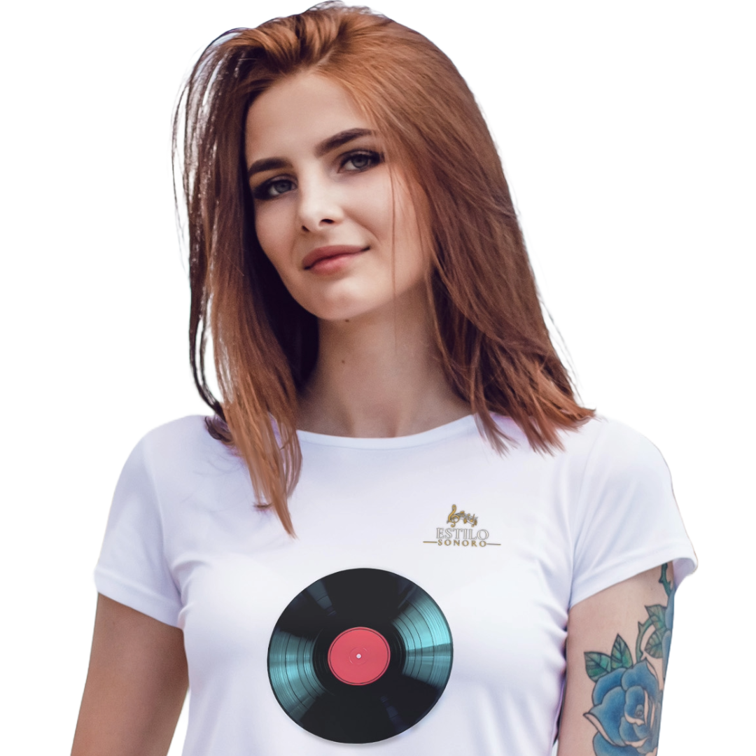 Camiseta Premium Feminina Algodão Pima Estampada Musical Disco de Vinil - Estilo Sonoro