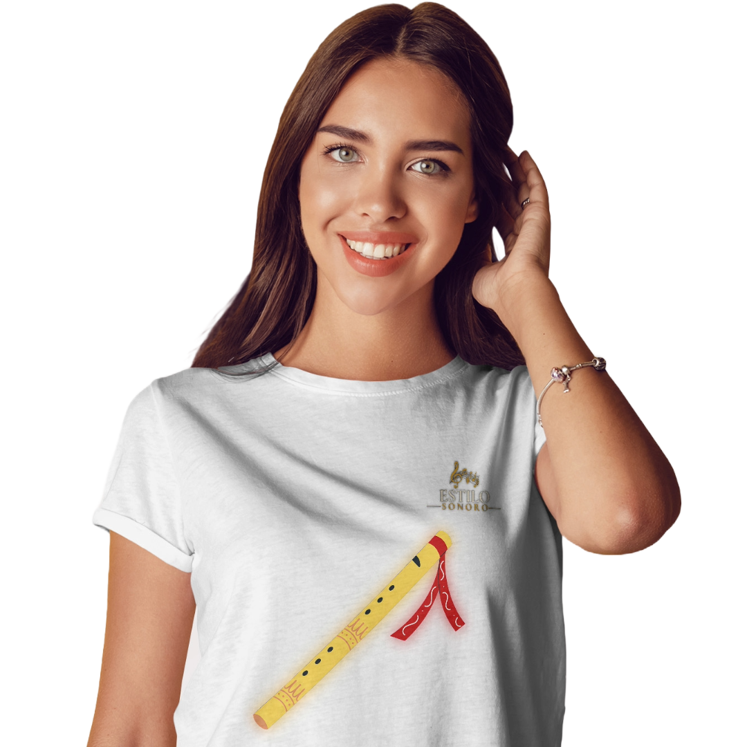 Camiseta Premium Feminina Algodão Pima Estampada Musical Flauta - Estilo Sonoro