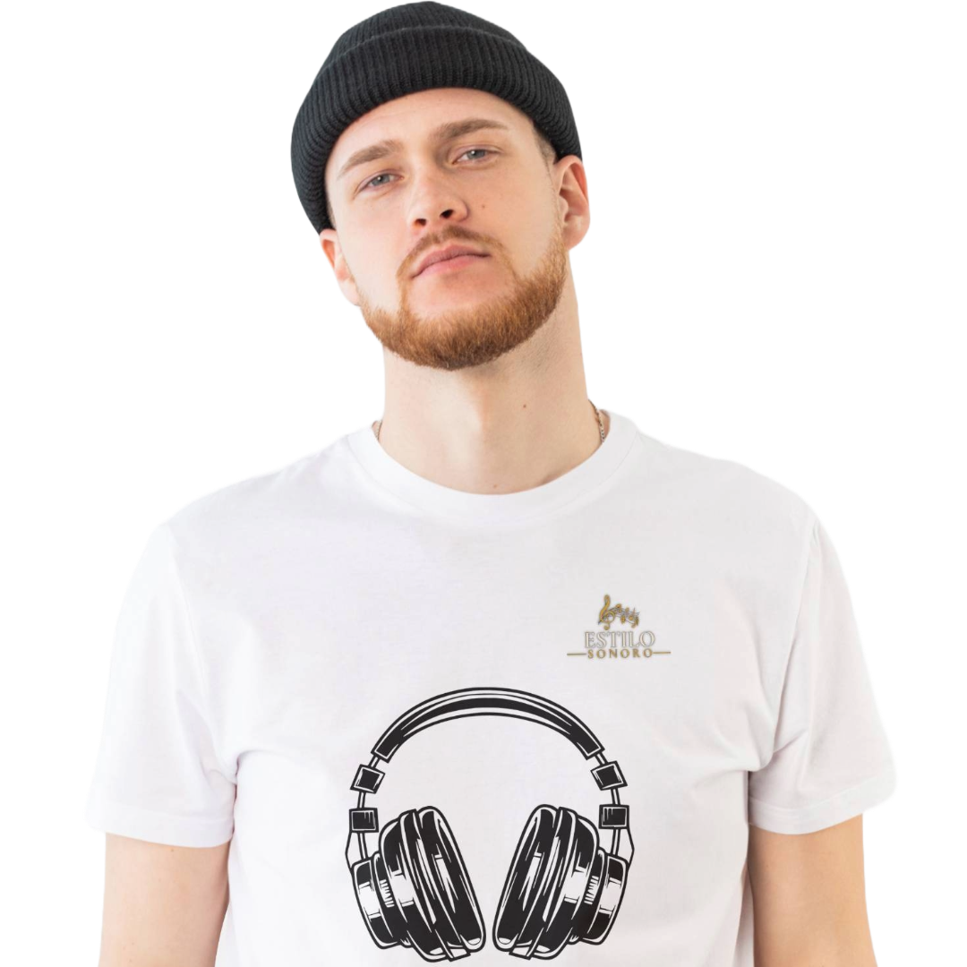 Camiseta Premium Masculina Algodão Pima Estampada Musical Fone de Ouvido - Estilo Sonoro