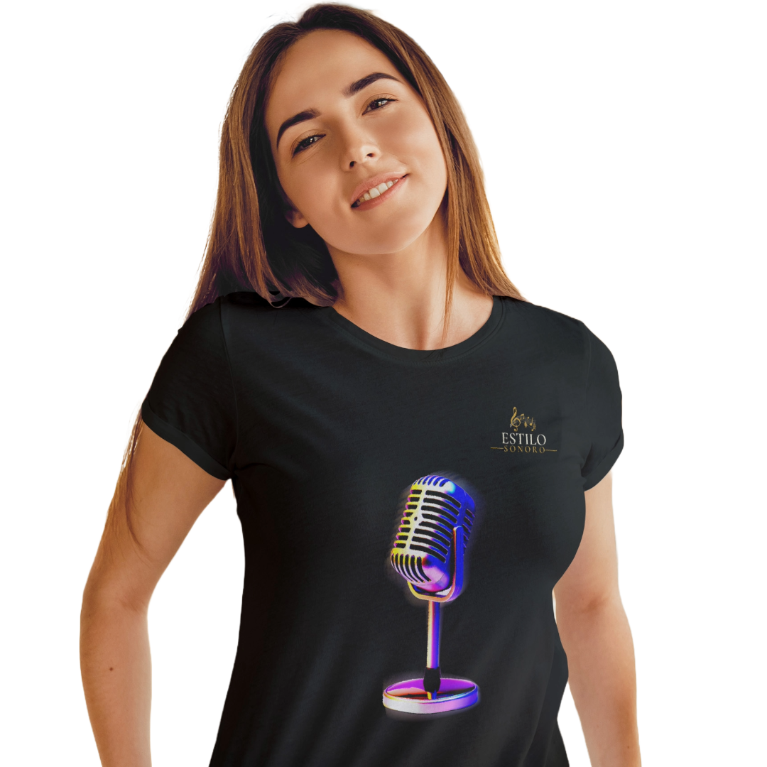 Camiseta Premium Feminina Algodão Pima Estampada Musical Microfone - Estilo Sonoro