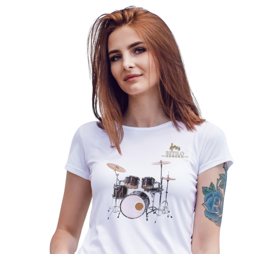 Camiseta Premium Feminina Algodão Pima Estampada Musical Bateria - Estilo Sonoro