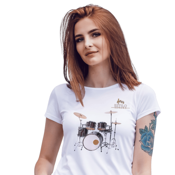 Camiseta Premium Feminina Algodão Pima Estampada Musical Bateria - Estilo Sonoro