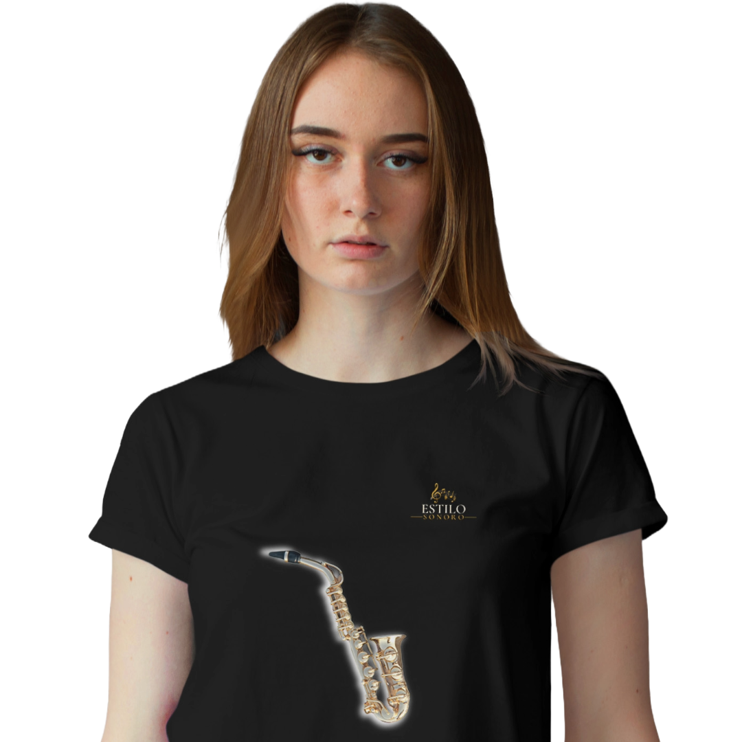 Camiseta Premium Feminina Algodão Pima Estampada Musical Saxofone - Estilo Sonoro