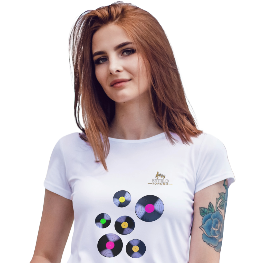 Nome do produto: Camiseta Premium Feminina Algodão Pima Estampada Musical Disco de Vinil - Estilo Sonoro