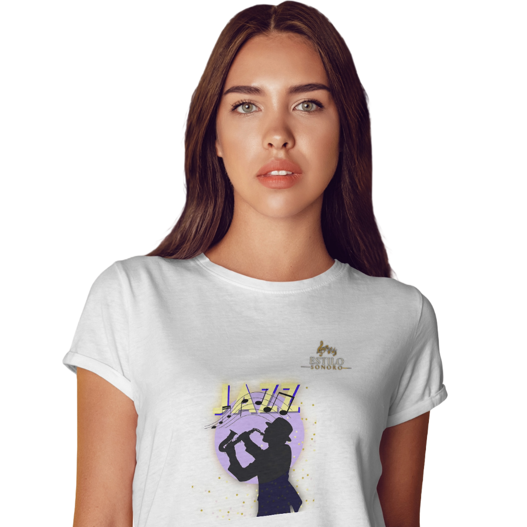 Camiseta Premium Feminina Algodão Pima Estampada Musical Jazz Music - Estilo Sonoro