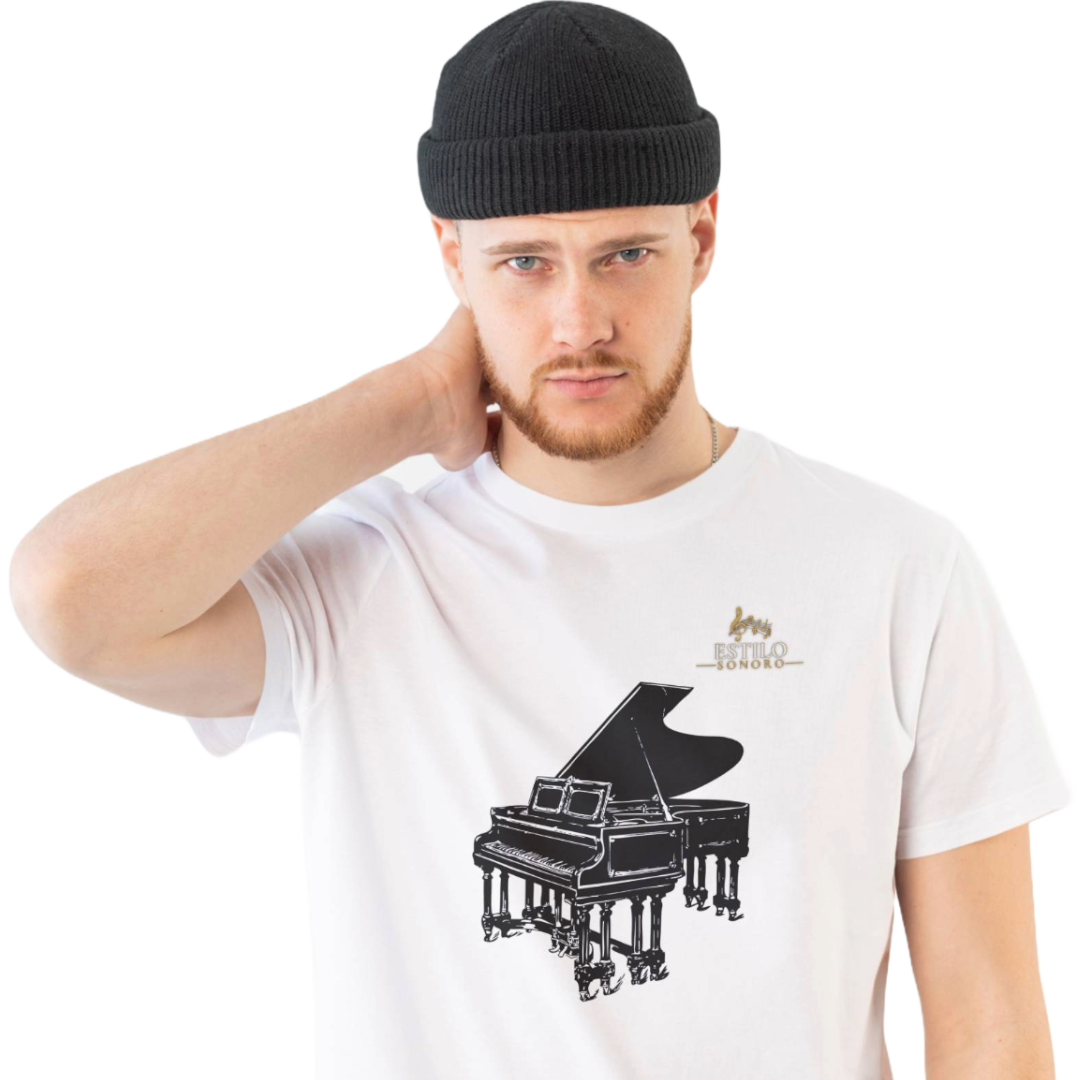 Nome do produto: Camiseta Premium Masculina Algodão Pima Estampada Musical Piano - Estilo Sonoro
