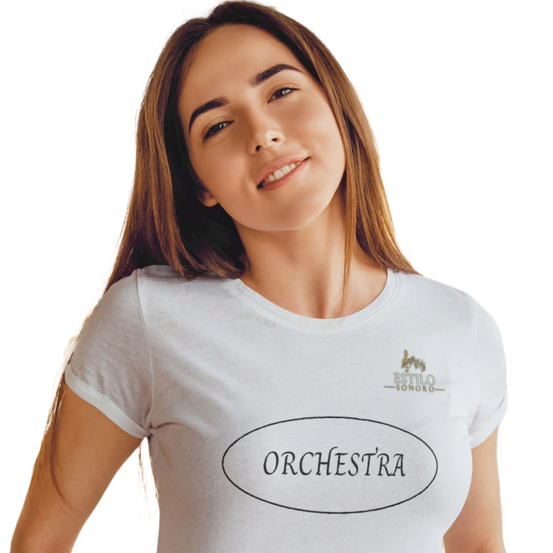 Camiseta Premium Feminina Algodão Pima Estampada Musical Orquestra - Estilo Sonoro