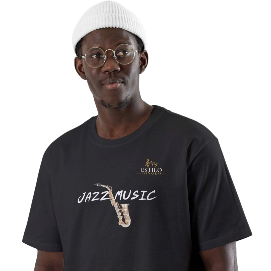 Nome do produto: Camiseta Premium Masculina Algodão Pima Estampada Musical Jazz Music - Estilo Sonoro