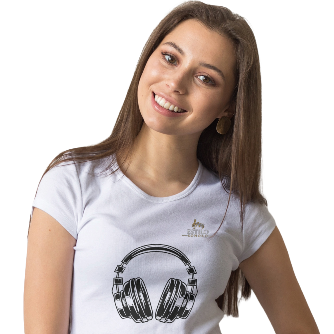 Camiseta Premium Feminina Algodão Pima Estampada Musical Fone de Ouvido - Estilo Sonoro