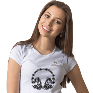 Camiseta Premium Feminina Algodão Pima Estampada Musical Fone de Ouvido - Estilo Sonoro