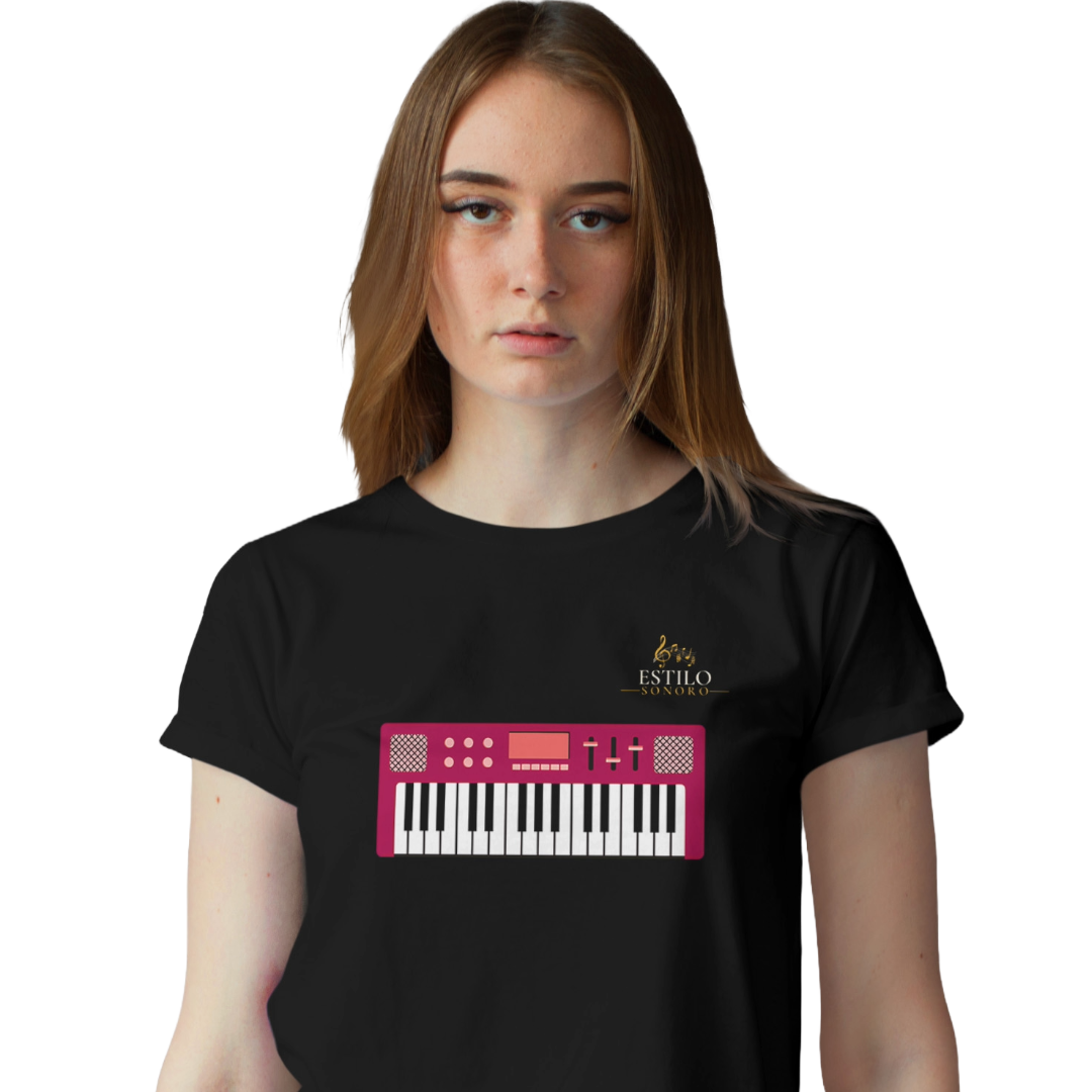 Camiseta Premium Feminina Algodão Pima Estampada Musical Teclado - Estilo Sonoro
