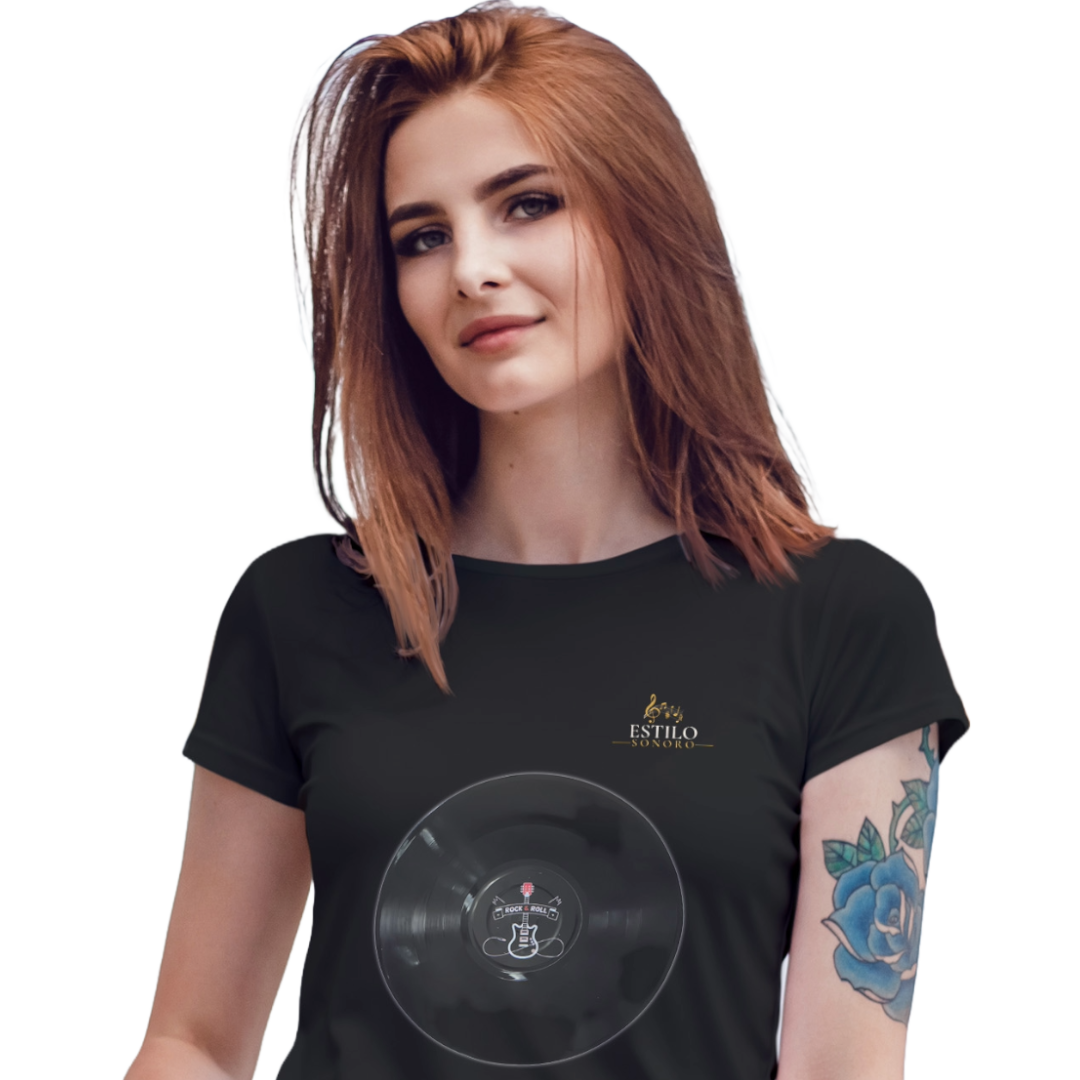 Camiseta Premium Feminina Algodão Pima Estampada Musical Disco de Vinil - Estilo Sonoro