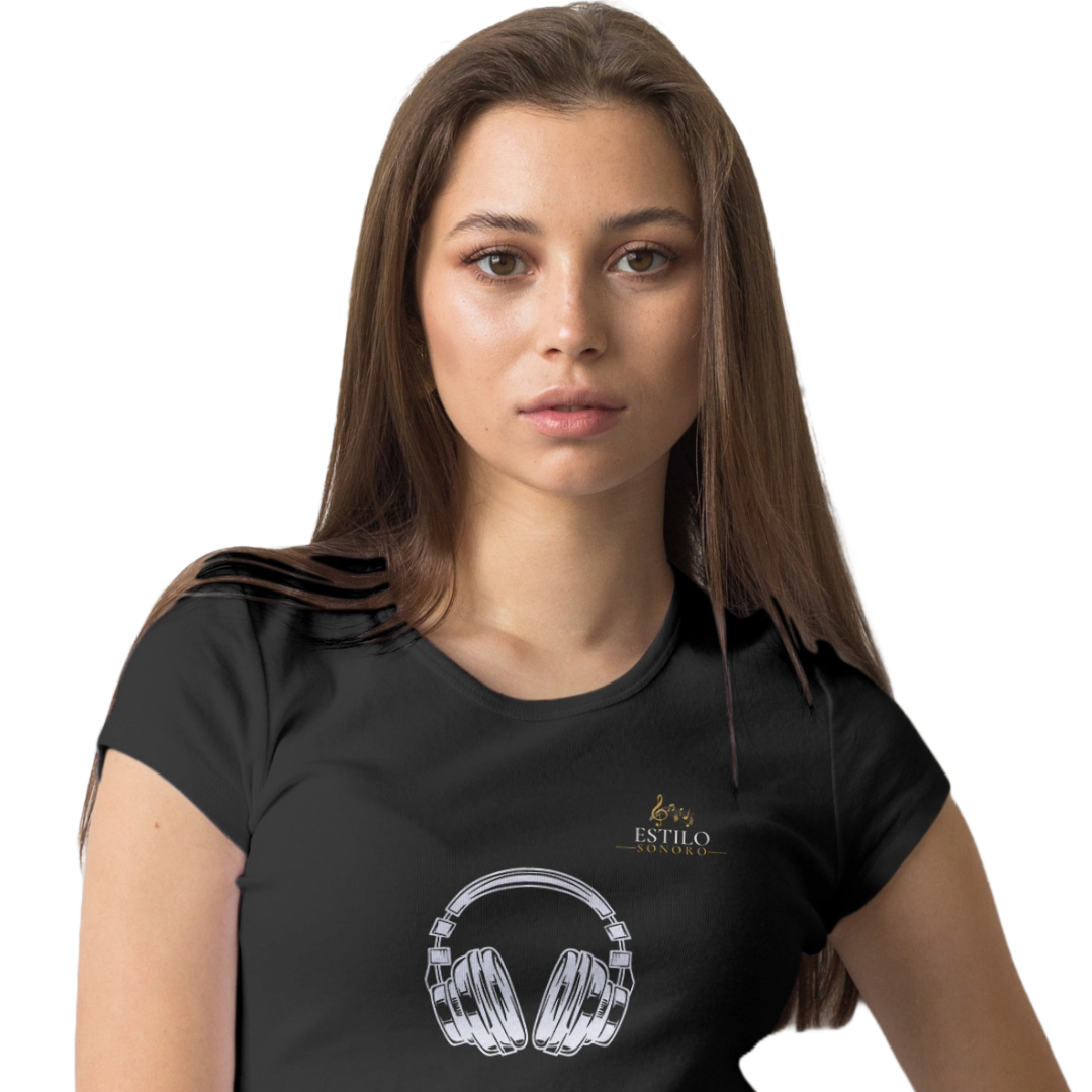Camiseta Premium Feminina Algodão Pima Estampada Musical Fone de Ouvido - Estilo Sonoro