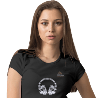 Camiseta Premium Feminina Algodão Pima Estampada Musical Fone de Ouvido - Estilo Sonoro