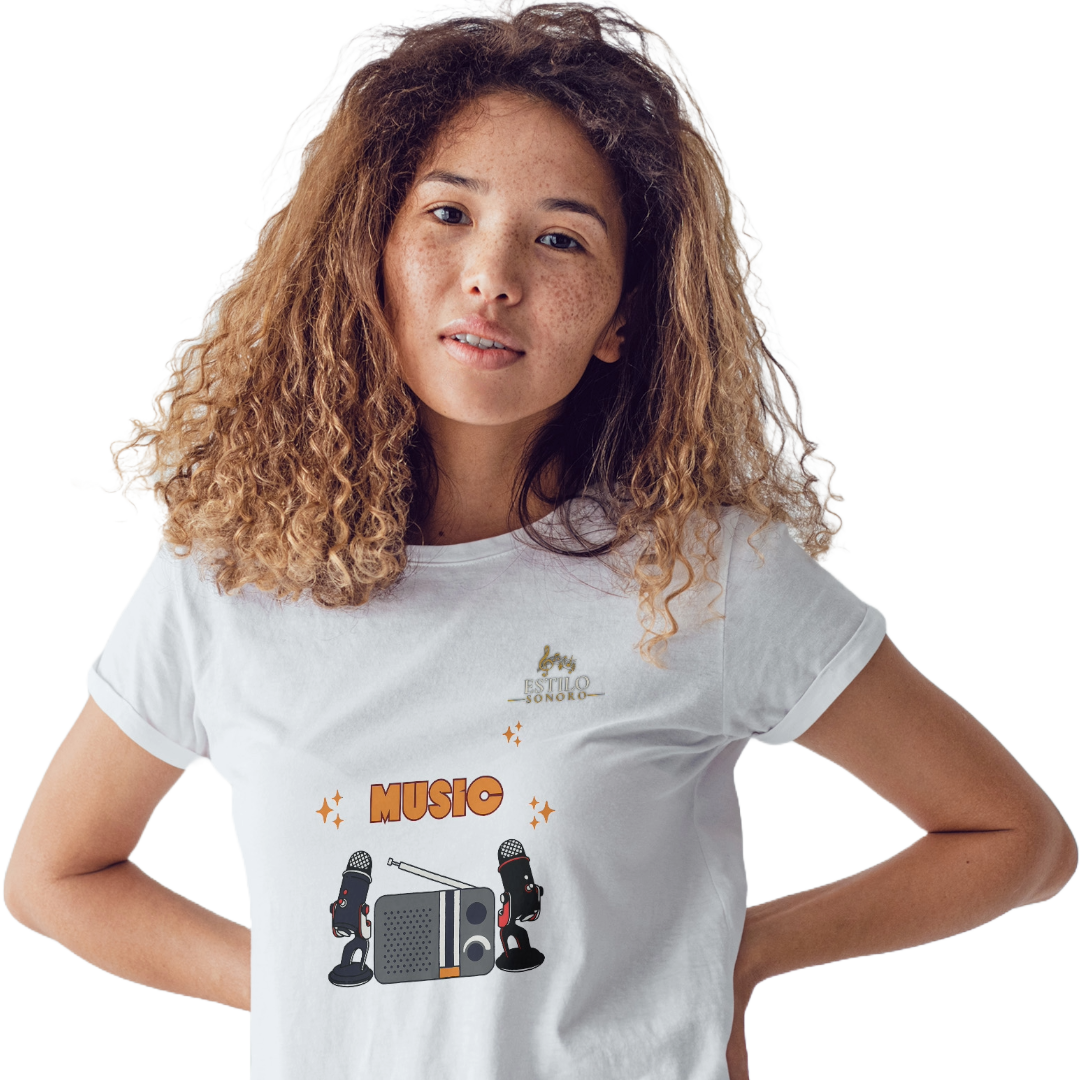 Camiseta Premium Feminina Algodão Pima Estampada Musical Rádio - Estilo Sonoro