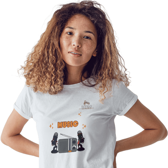 Camiseta Premium Feminina Algodão Pima Estampada Musical Rádio - Estilo Sonoro