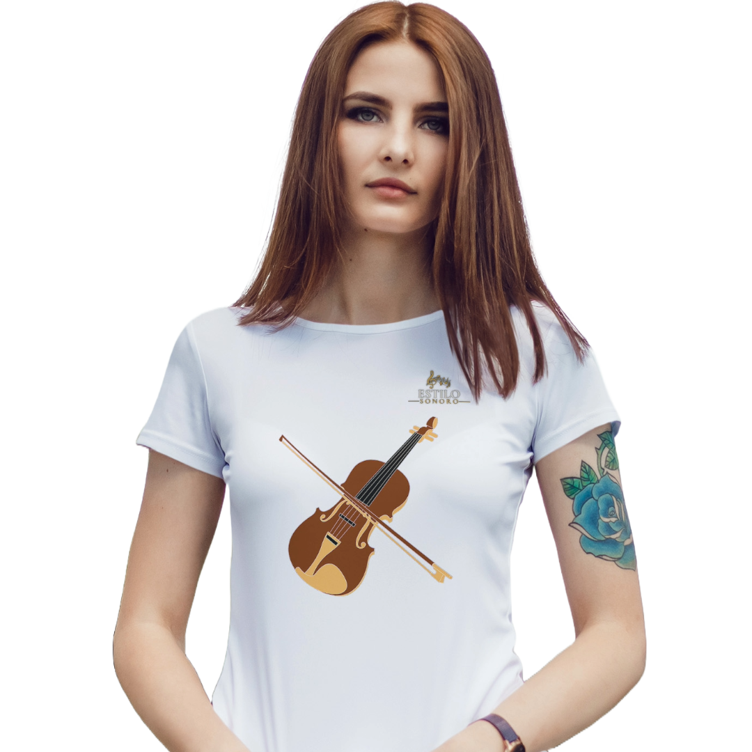 Camiseta Premium Feminina Algodão Pima Estampada Musical Violino - Estilo Sonoro Nome do produto: Camiseta Premium Feminina Algodão Pima Estampada Musical Violino - Estilo Sonoro