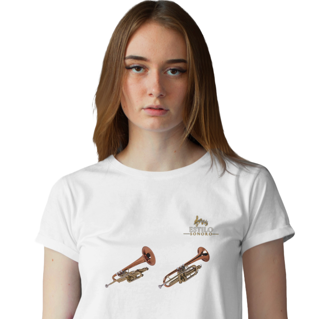 Camiseta Premium Feminina Algodão Pima Estampada Musical Trompete - Estilo Sonoro