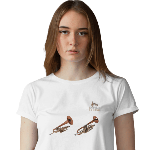 Camiseta Premium Feminina Algodão Pima Estampada Musical Trompete - Estilo Sonoro