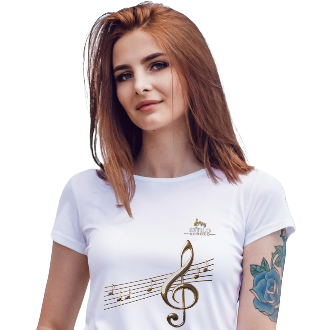 Camiseta Premium Feminina Algodão Pima Estampada Musical Clave sol - Estilo Sonoro