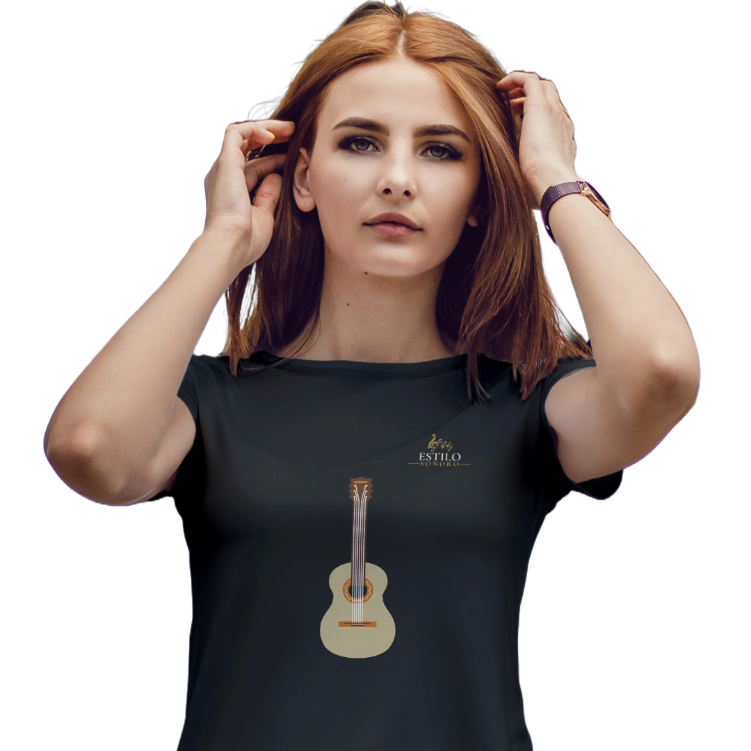 Nome do produto: Camiseta Premium Feminina Algodão Pima Estampada Musical Violão - Estilo Sonoro